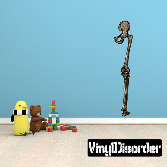 Skeleton leg hip bone wall decal, full-length skeletal leg graphic.