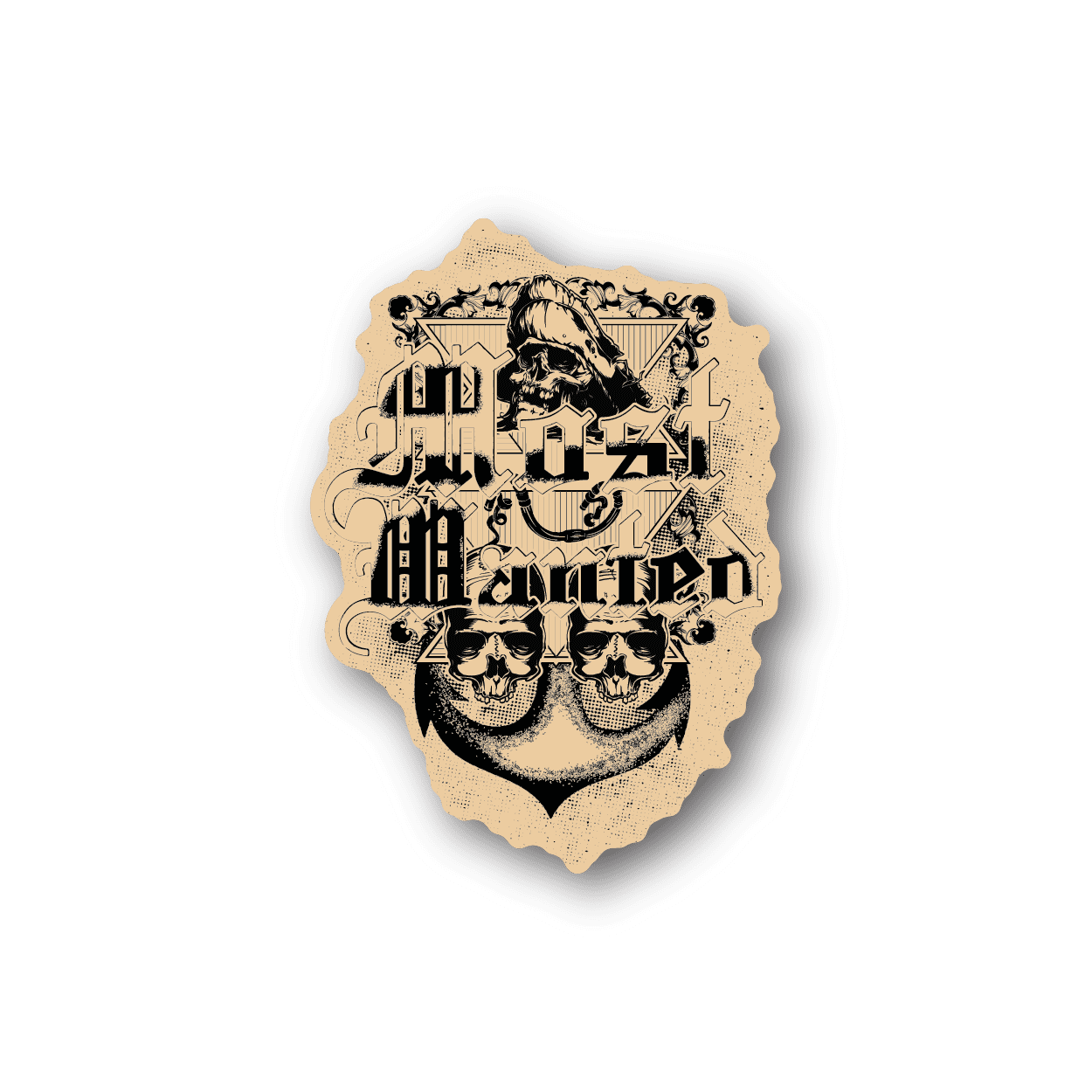 Skeleton most wanted vinyl sticker with two skulls and ornate lettering