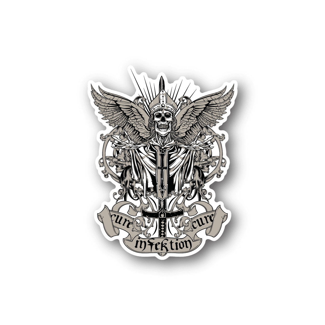 Vinyl sticker with skeleton pope illustration and wings, dark outline, bold lettering