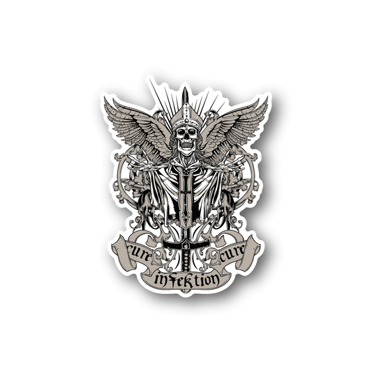Vinyl sticker with skeleton pope illustration and wings, dark outline, bold lettering
