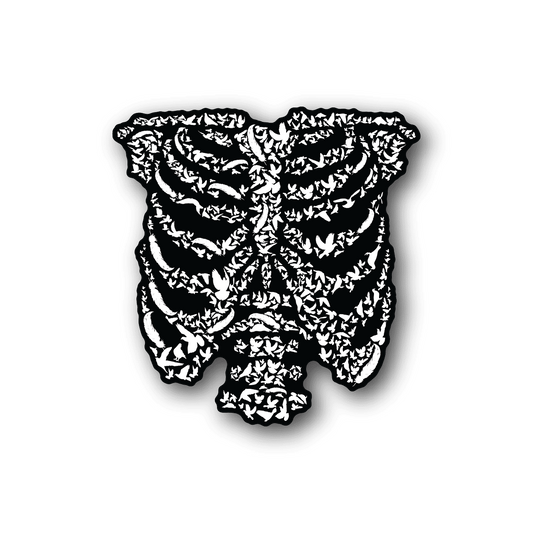 Vinyl sticker of white skeleton ribcage with bird collage pattern