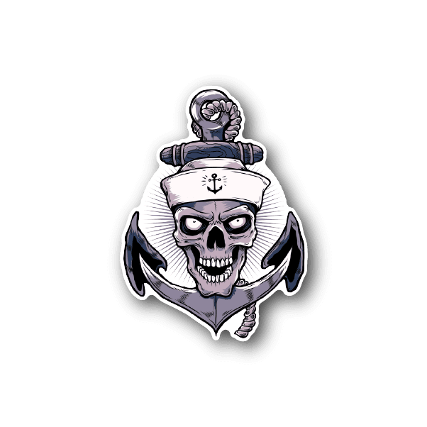 Skeleton sailor anchor vinyl sticker, gray skull and anchor