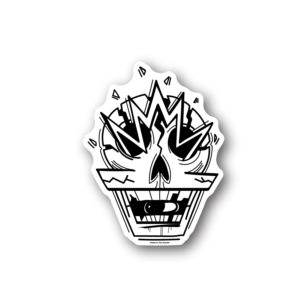 Skeleton hands vinyl sticker with white graphic skull and pill shapes on dark outline