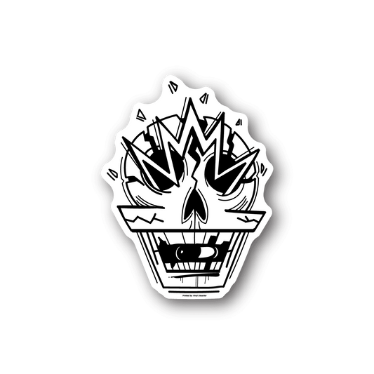 Skeleton hands vinyl sticker with white graphic skull and pill shapes on dark outline