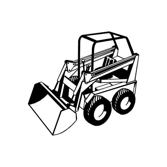 Skid steer front loader decal, black and white line art with front bucket