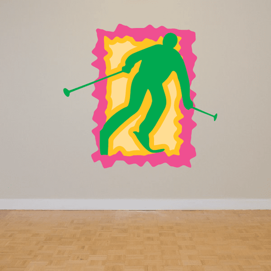 Green skiing wall decal sticker with yellow highlights and pink jagged frame