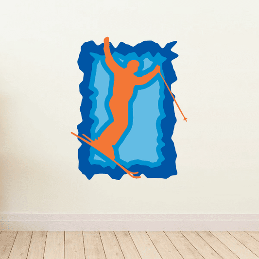 Skiing wall decal vinyl sticker with orange and blue skier and skis