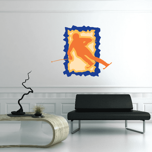 Die-cut vinyl skiing wall decal with orange skier figure and blue border