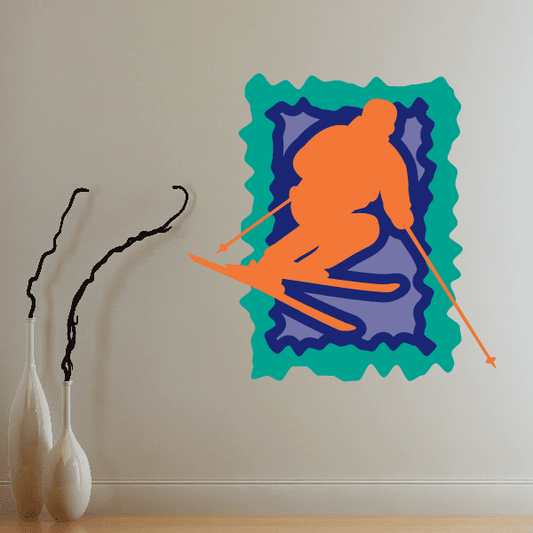 Skiing vinyl wall decal sticker with orange skier and blue skis inside teal scalloped border