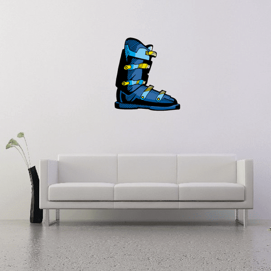Skiing wall decal of blue cartoon ski boot with bindings