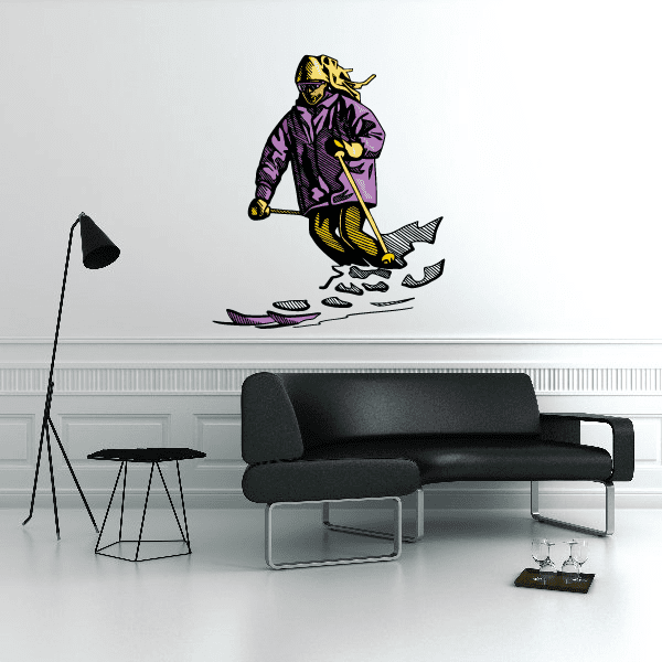 Skiing wall decal vinyl sticker of purple skier with yellow helmet and skis