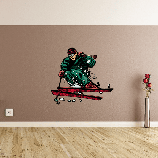 Skiing wall decal sticker showing a skier in green with red hat and skis
