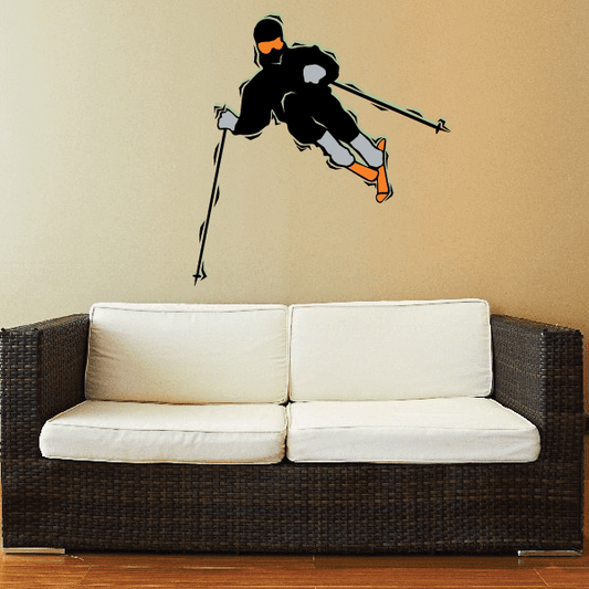 Skiing wall decal sticker of a skier in black with orange boots and poles