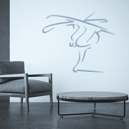 Skiing wall decal with blue line-drawn skier face and skis