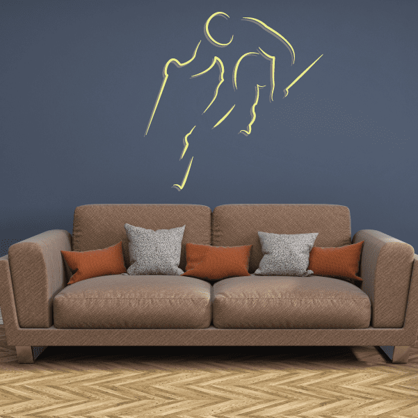 Skiing wall decal vinyl sticker with gold line art skier silhouette