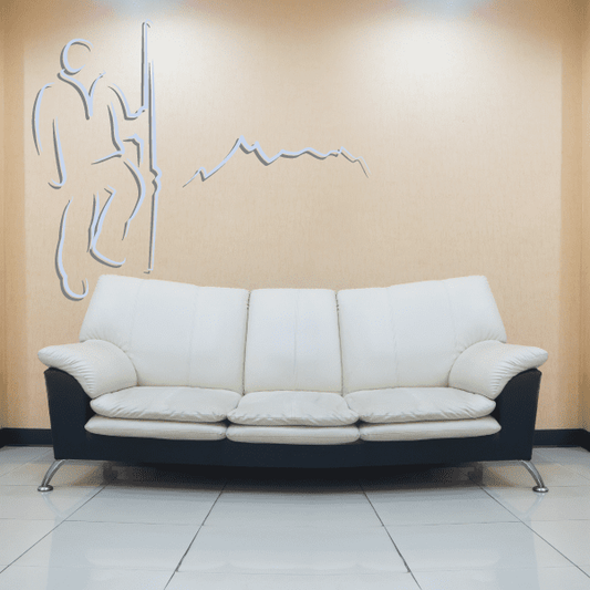 Skiing wall decal sticker with light blue skier and mountain outline, die cut vinyl