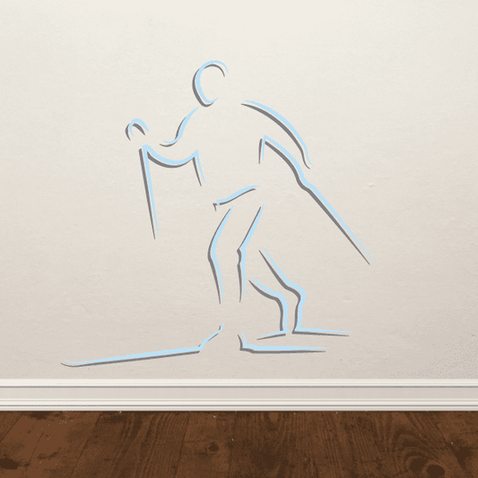 Skiing wall decal sticker with blue outline skier in crouched pose