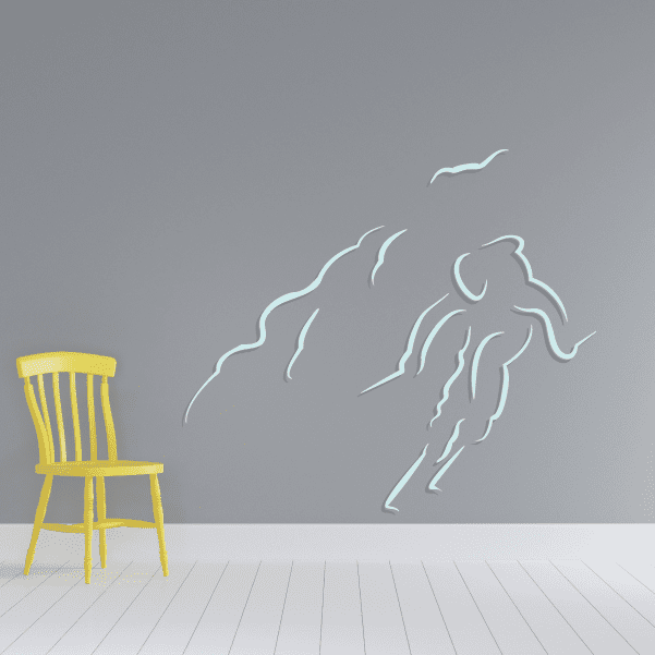 Skiing wall decal vinyl sticker with light blue skier silhouette.