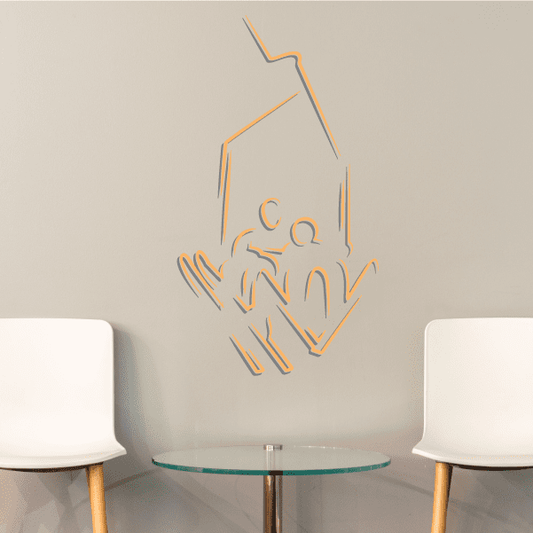 Skiing wall decal vinyl sticker with outlined skier and orange skis, die-cut