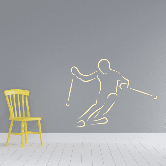 Yellow skiing wall decal sticker with outlined skier and skis