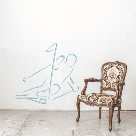 Light blue skiing wall decal vinyl sticker, die-cut silhouette of skier