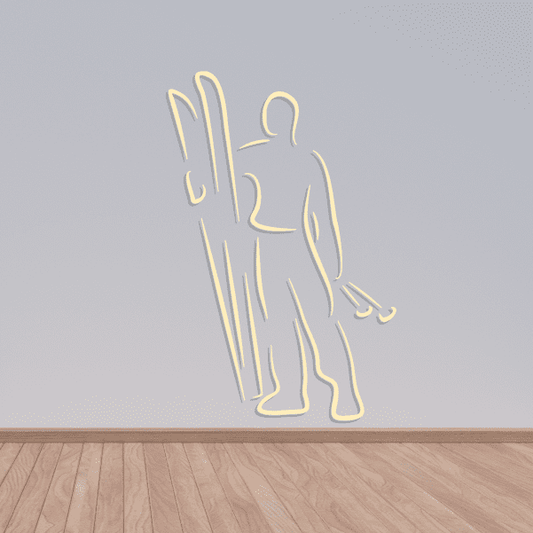 Skiing wall decal sticker, yellow outline of a skier holding ski poles