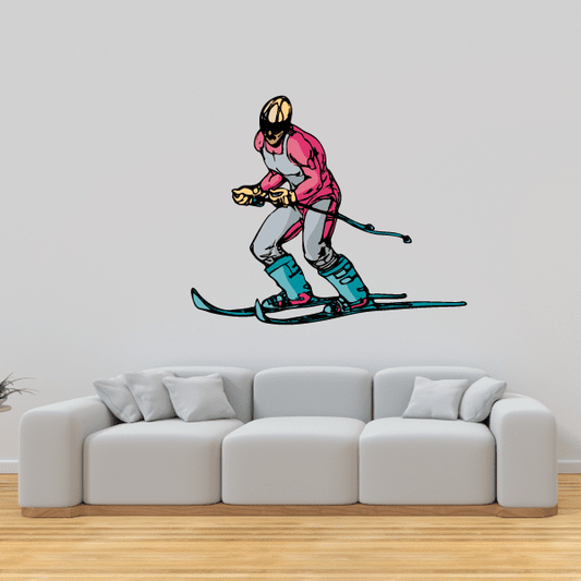 Skiing wall decal vinyl sticker of cartoon skier in pink jacket and teal pants