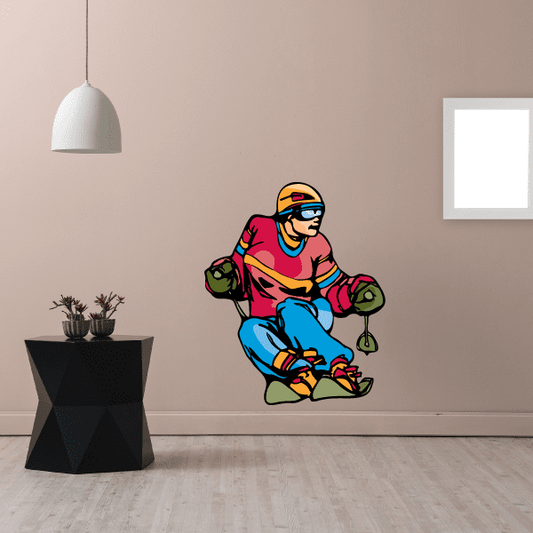 Skiing wall decal sticker with cartoon skier riding skis