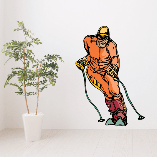 Skiing vinyl wall decal sticker with orange cartoon skier holding ski poles