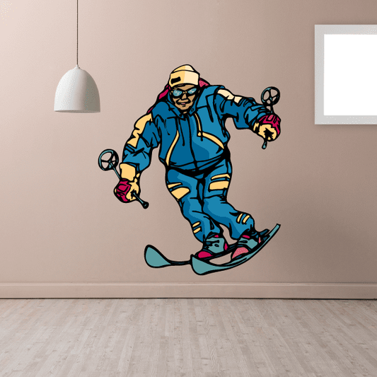 Wall decal sticker of blue-clad snowboarder in mid-jump