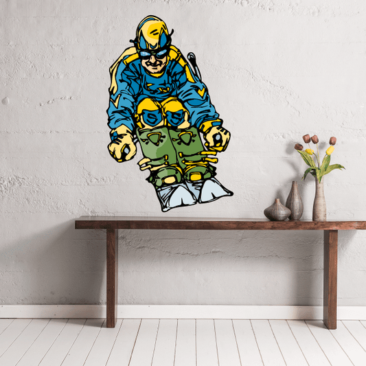 Skiing wall decal: cartoon skier in blue jacket, yellow helmet, green pants, black skis