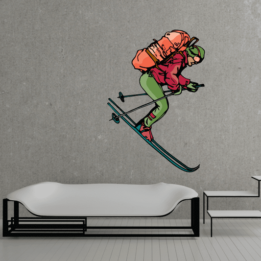 Skiing wall decal sticker: cartoon skier holding poles on skis, colorful die-cut