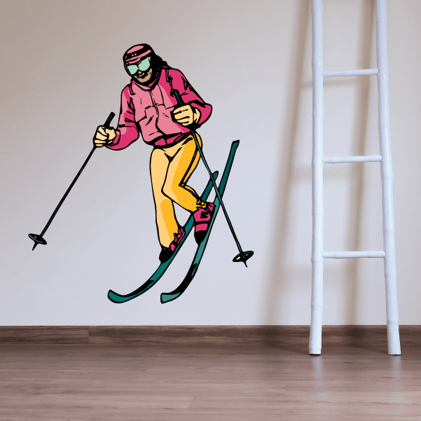 Cartoon skiing wall decal sticker of a pink-jacket skier with yellow pants and skis
