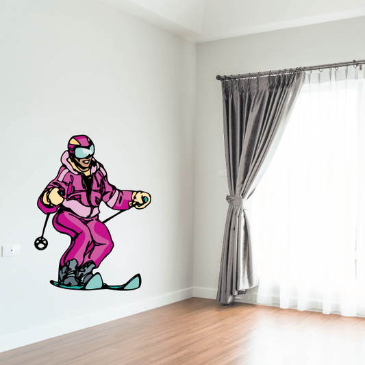 Skiing vinyl wall decal sticker of a cartoon skier in pink with teal skis and boots