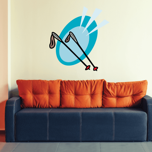 Skiing vinyl wall decal with crossed skis and poles, die-cut design