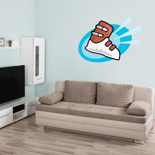 Skiing boot vinyl wall decal sticker with blue burst and white snow spray