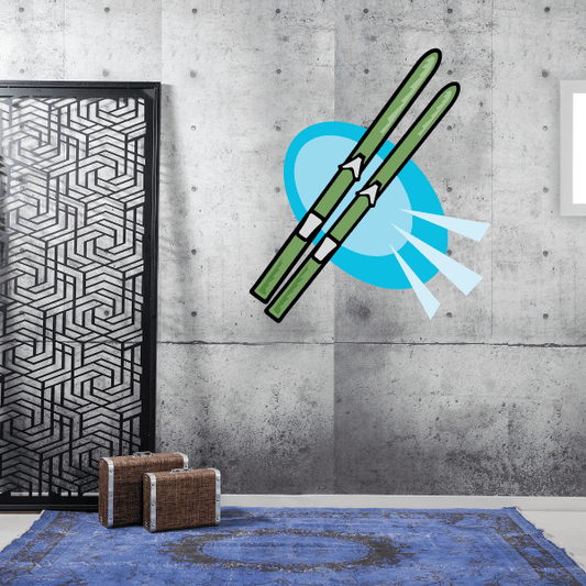 Skiing vinyl wall decal sticker: green skis with turquoise burst and white rays.