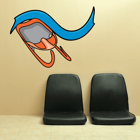 Skiing wall decal sticker of skier with blue skis and orange helmet
