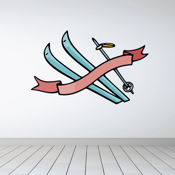 Skiing wall decal sticker with two blue skis, red ribbon banner, and yellow flag