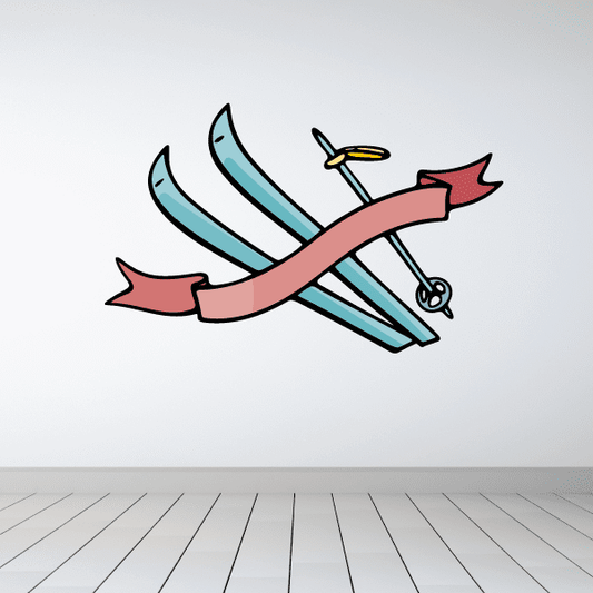 Skiing wall decal sticker with two blue skis, red ribbon banner, and yellow flag