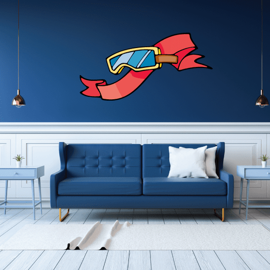 Ski wall decal vinyl sticker with red skis and blue ski goggles illustration