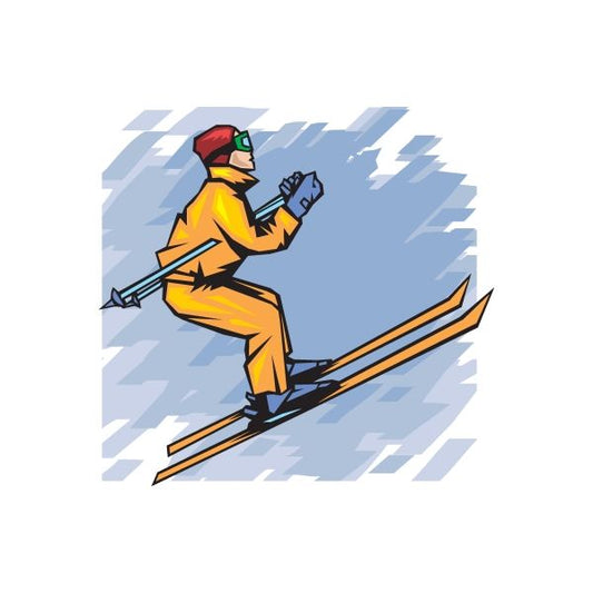 Skiing vinyl wall decal with cartoon skier in yellow suit, red helmet, skis and poles