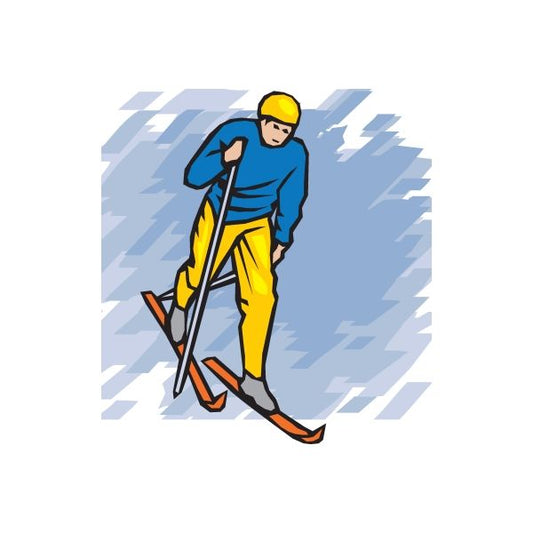 Skiing vinyl wall decal: cartoon skier in blue top and yellow pants holding ski poles