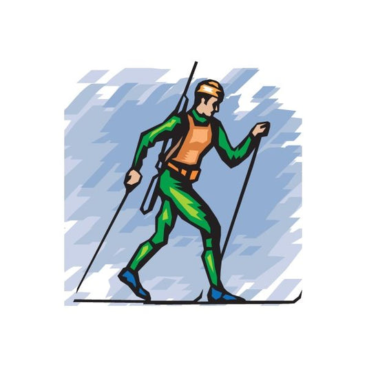 Skiing wall decal sticker: cartoon skier in green and orange holding ski poles