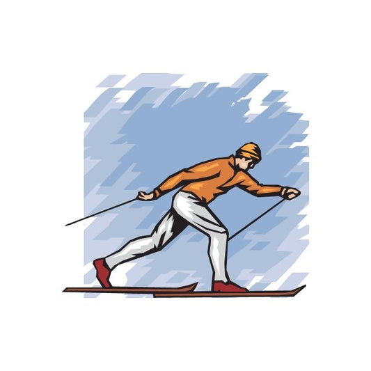 Skiing vinyl decal sticker of skier in orange jacket, white pants, skis and poles