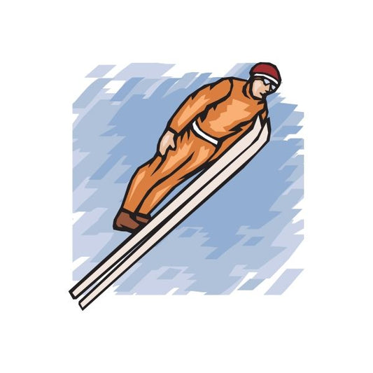 Skiing decal sticker of an orange skier with red helmet and goggles on skis
