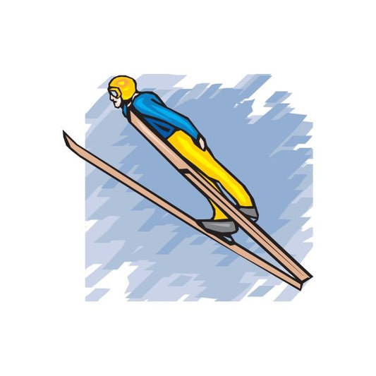 Skiing vinyl decal sticker of blue and yellow skier on long skis with speed lines