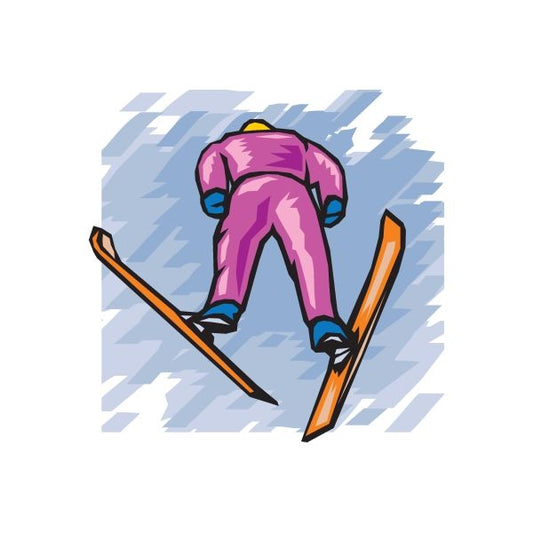 Skiing wall decal sticker of a magenta skier with skis and orange poles