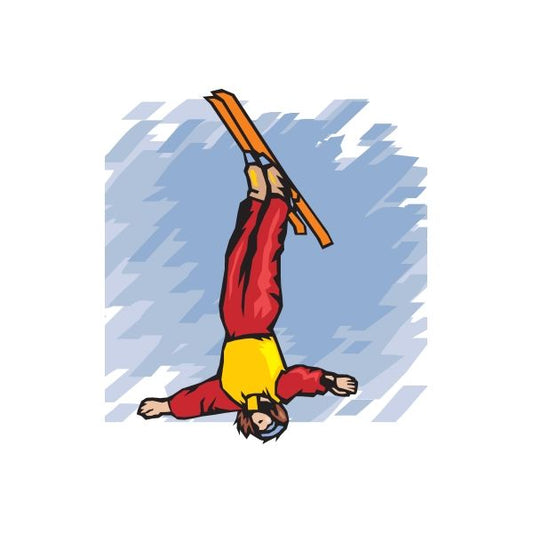 Skiing wall decal sticker showing upside-down skier in red and yellow with ski