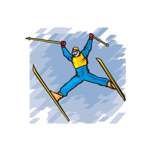 Skiing wall decal of a skier jumping with yellow jacket, blue pants, holding poles